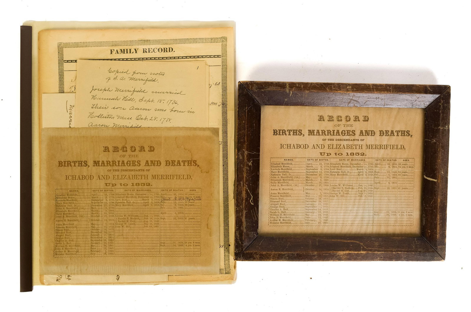 19TH C. MERRIFIELD FAMILY RECORD.: A collection of 19th C. ephemera pertaining to Ichabod and Elizabeth Merrifield, Newfane, VT. Covering births and deaths from the 18th through mid 19th C. Provenance: Property of a life long VT collec