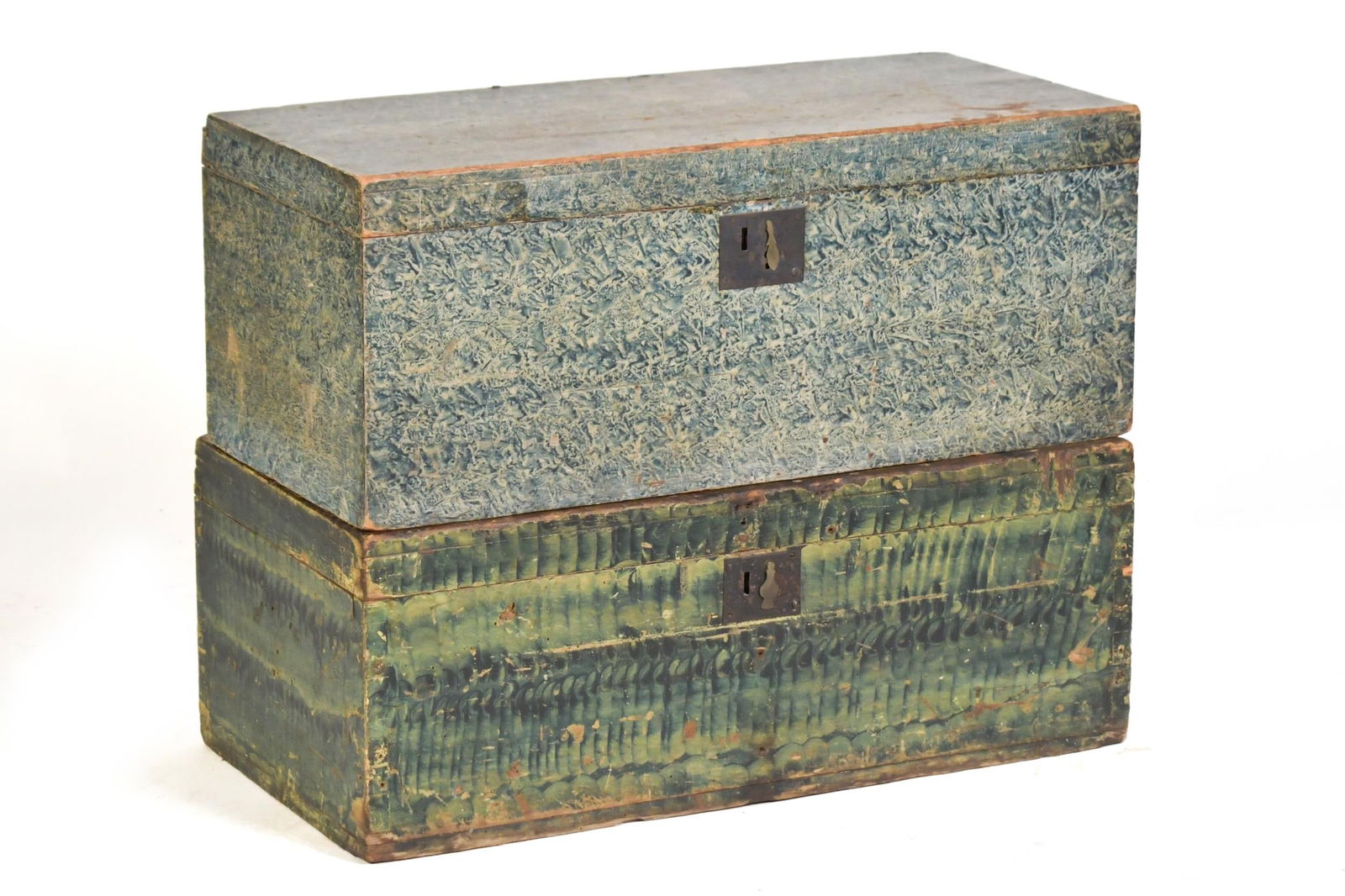 TWO 19TH C. PAINT DECORATED STORAGE BOXES. (1 of 14)