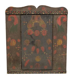 19TH C. SMALL PAINT-DECORATED PINE CORNER CABINET.: A ca. 1800-1820 pine small hanging corner cabinet in old polychrome paint decoration, 27.5”H x 24”W x 12.5”D. Goodnow Collection Darien CT.