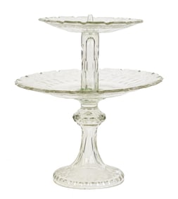 ANTIQUE ETCHED TIERED CRYSTAL CAKE STAND.