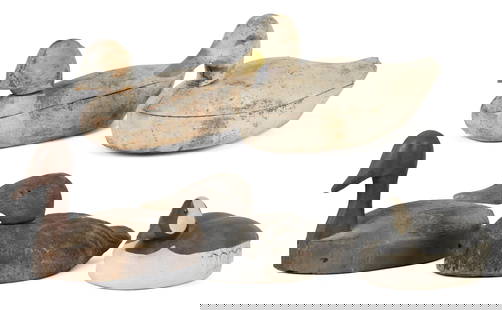 FIVE ANTIQUE DUCK DECOYS.: Five early 19th C. carved and painted duck decoys including a white-painted mallard 15.5&#8221;L and a small black and white-painted blue bill 10&#8221;L, three others as is. Provenance: The Estate of