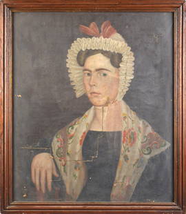 19TH C. AMERICAN SCHOOL PORTRAIT PAINTING, WOMAN.: A ca. 1830's New England primitive folk art oil on canvas portrait of a young woman with a white bonnet and colorful shawl. Image 24&#8221; x 20.5&#8221;, Overall in frame 22.5&#8221; x 25.75&#8221;.
