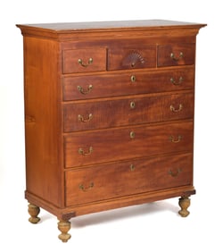 18TH C. AMERICAN TIGER MAPLE TALL CHEST.