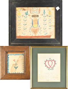 THREE 19TH C. AMERICAN SCHOOL WATERCOLORS.: Three American school 19th C. watercolors including a fraktur by Anna Fox, February 8th 1849 depicting heart, tulip and flowers. Image 7.5&#8221; x 9.5&#8221; in a period frame, Overall in frame 11&#8