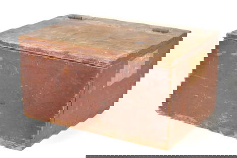 COLLECTION OF EARLY LEATHER-BOUND BOOKS IN BOX.: A variety of early leather-bound books as found in red-painted wooden storage box. Books cover various genres including religion, arithmetic, and nonfiction. Box 10.5&#8221;H x 20&#8221;W x 14.5&#8221