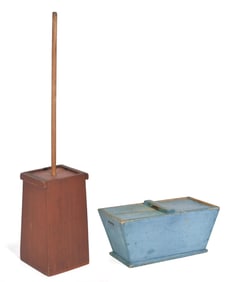 19TH C. DOUGH BOX AND BUTTER CHURN, ORIGINAL PAINT.