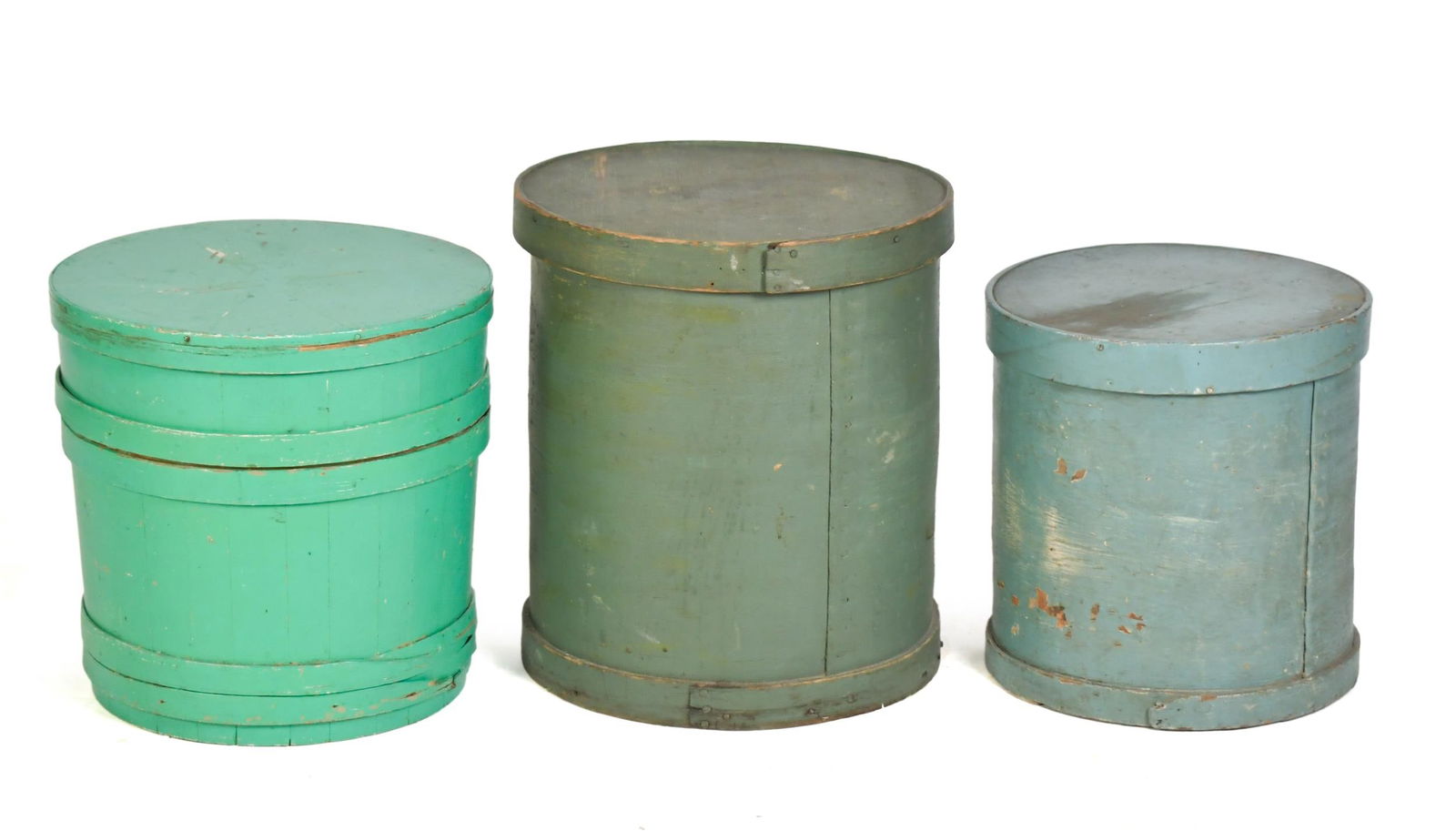 THREE ANTIQUE PAINTED WOOD STORAGE BOXES. (1 of 10)