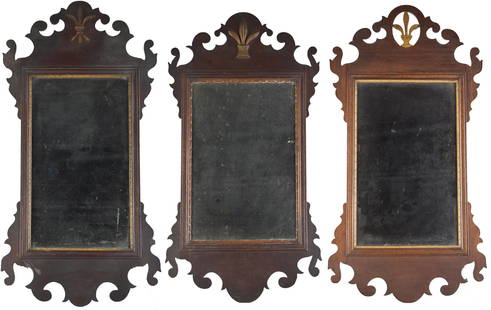 THREE EARLY CHIPPENDALE MIRRORS, ORIGINAL FINISH.: Three ca. 1780-1800 American Chippendale wall mirrors with early surface. Each with fleur de lis carved in gilt crest, 27&#8221;H and the other two 30&#8221;H. Provenance: The estate of Robert and Leo
