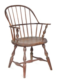 18TH C. WINDSOR SACK BACK ARMCHAIR.