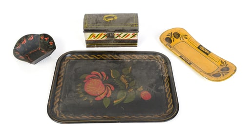 19TH C. DECORATED TIN WARE, 4 PCS.