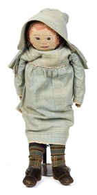 ANTIQUE PAINTED LEATHER DOLL.