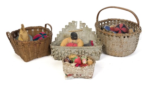FOUR ANTIQUE SPLINT BASKETS WITH CONTENTS.