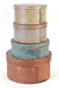 19TH C. PAINTED BAND BOXES, FOUR.