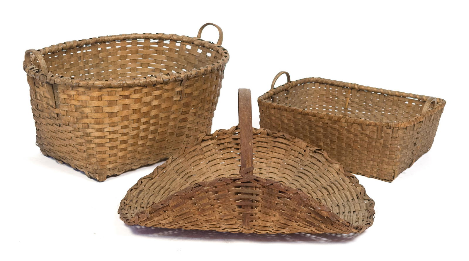 THREE ANTIQUE SPLINT BASKETS. (1 of 10)
