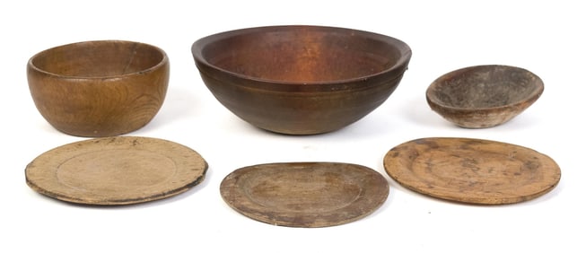 EARLY CARVED WOODEN WARE BOWLS AND PLATES, 6 PCS.