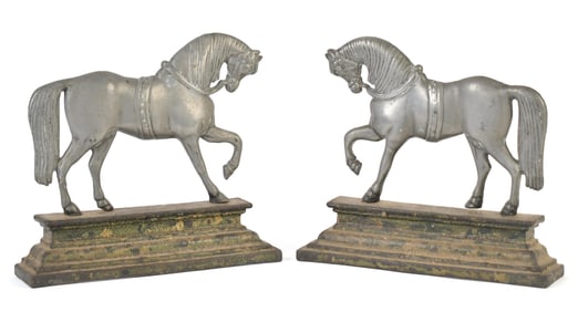PAIR IRON & PEWTER HORSE DOOR STOPS.