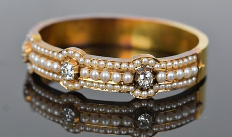 ANTIQUE ENGLISH OLD MINE CUT DIAM. & PEARL BANGLE.