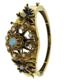 14K GOLD BLACK ENAMEL, OPAL & DIAMOND CUFF BRACELET.