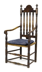 18TH C. CT  MAPLE BANISTER BACK ARMCHAIR, EX. DUPONT.
