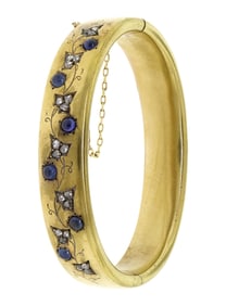 FRENCH ANTIQUE 18K GOLD SAPPHIRE & DIAM. BANGLE.