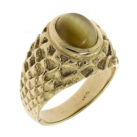 14K GOLD MILK & HONEY CATS EYE CHRYSOBERYL RING.