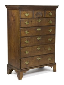 18TH C. NH TIGER MAPLE TALL CHEST.