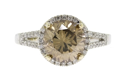 14K GOLD 2.6 CT. BROWN DIAMOND HALO RING.