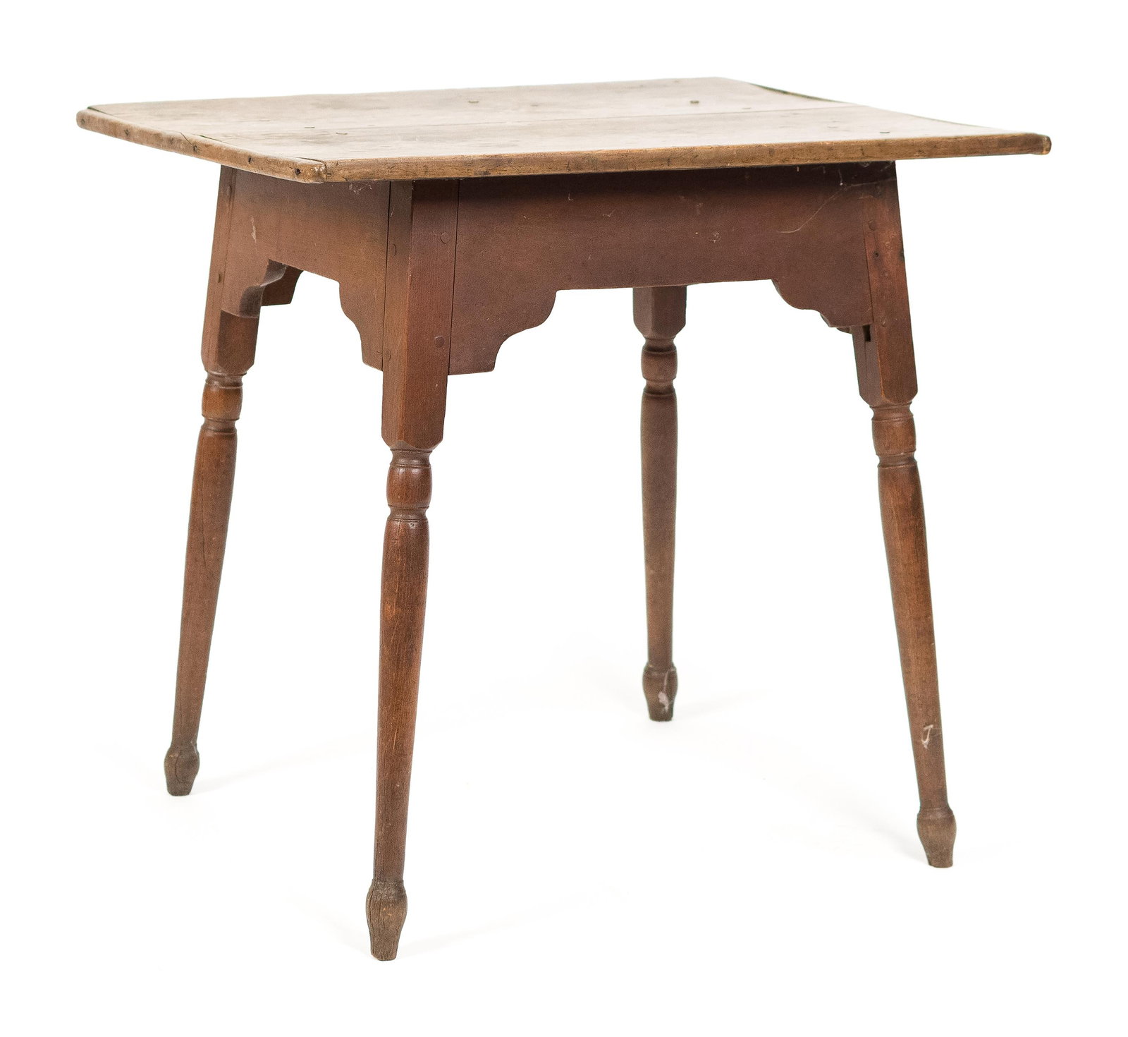 18TH C. NH RED PAINTED TEA TABLE.: A ca. 1770 New Hampshire country tea table, with a maple breadboard end two board top, on a red painted birch splayed base with cut outs, on turned legs. 27.5”H x 29”W x 22.5”D. Prov