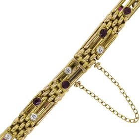 EDWARDIAN ENGLISH 15K GOLD RUBY & DIAM GATE BRACELET.
