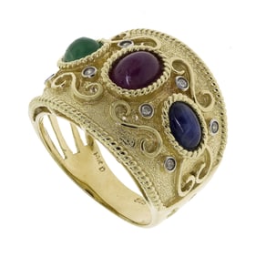 14K GOLD RUBY, SAPPHIRE, EMERALD & DIAMOND WIDE BAND.