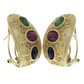 14K GOLD RUBY, SAPPHIRE, EMERALD & DIAMOND EARRINGS.