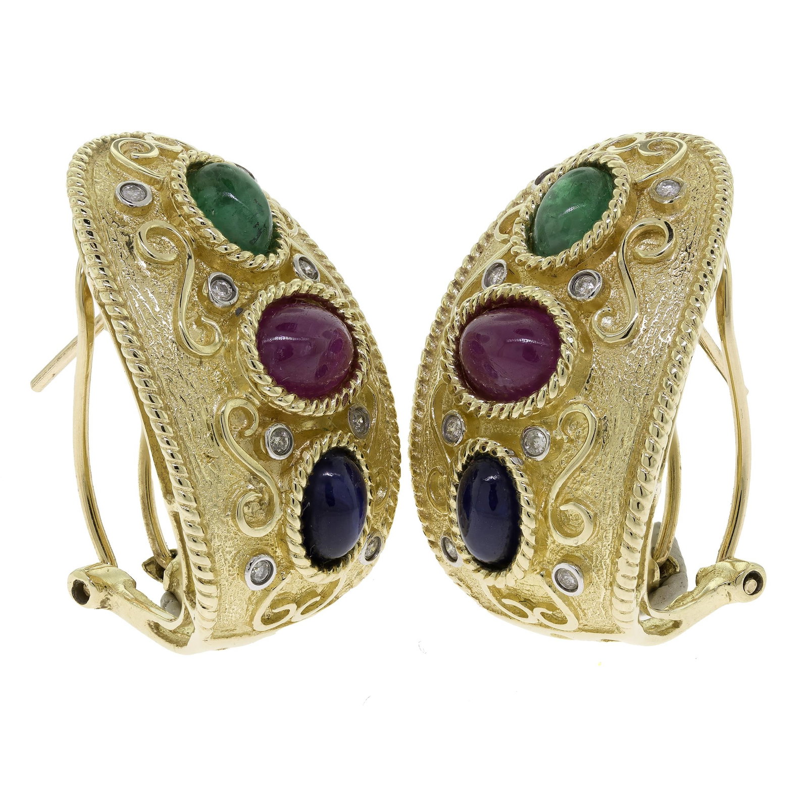14K GOLD RUBY, SAPPHIRE, EMERALD & DIAMOND EARRINGS. (1 of 5)