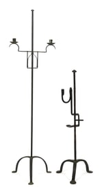 TWO ANTIQUE WROUGHT IRON FLOOR MODEL CANDLE HOLDERS.