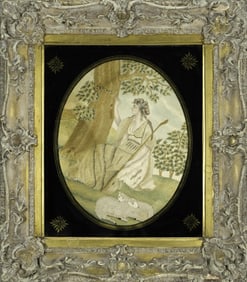 19TH C. SILK NEEDLEWORK, SHEPHERDESS WITH LAMBS.