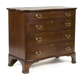 18TH C. CT CHERRY INLAID SERPENTINE CHEST.