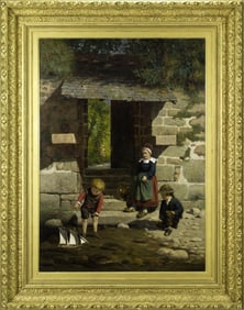 LARGE BURR H. NICHOLLS OIL, CHILDREN PLAYING.