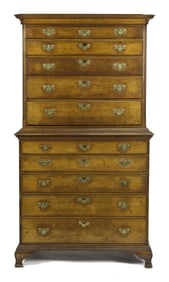 18TH C. AMERICAN CHIPPENDALE CHERRY CHEST ON CHEST.