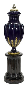 IMPRESSIVE TWO PART MAJOLICA SARREGUEMINES URN.