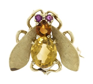 14K GOLD BEE PIN W/ RUBY  EYES & CITRINE.