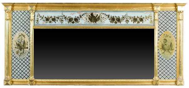 ANTIQUE GILT EGLOMISE OVER MANTLE MIRROR.