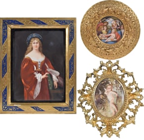 THREE ANTIQUE PAINTINGS ON PORCELAIN, INCLUDING KPM.