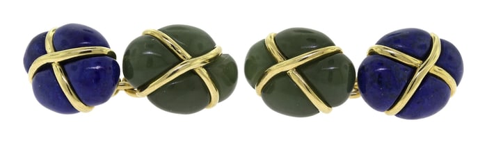 TRIANON 18K GOLD LAPIS & NEPHRITE JADE CUFFLINKS.