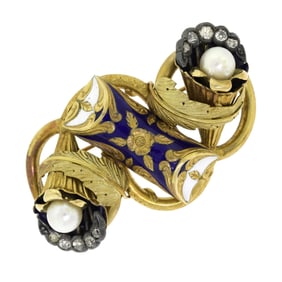 ANTIQUE 18K GOLD ENAMEL DIAMOND & PEARL PIN.