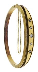 VICTORIAN 14K GOLD DIAMOND HINGED CUFF BRACELET.