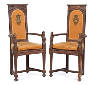 PR. CARVED 19TH C. WALNUT THRONE CHAIRS.
