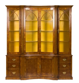 FINE ENGLISH FOUR PART YEW WOOD BREAKFRONT.