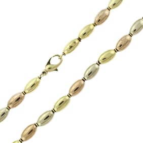 ITALIAN 14K THREE TONE GOLD BEADED NECKLACE.
