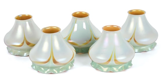 FIVE ANTIQUE STUEBEN GLASS SHADES.