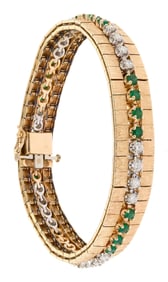 VINTAGE 14K GOLD DIAMOND & EMERALD BRACELET.