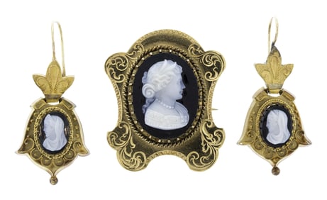 VICTORIAN 14K GOLD HARDSTONE CAMEO PIN & EARRINGS.